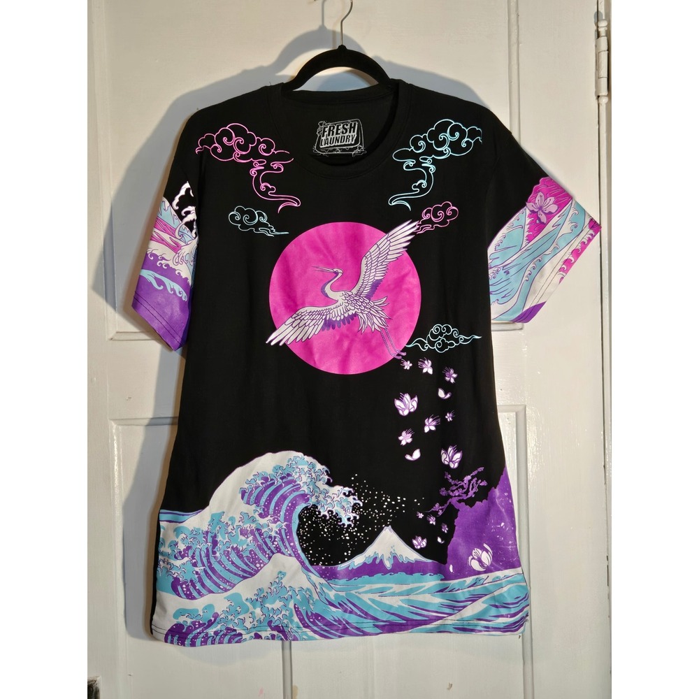 Fresh Laundry Vaporwave Crane Great Wave Graphic T-Shirt Black Large